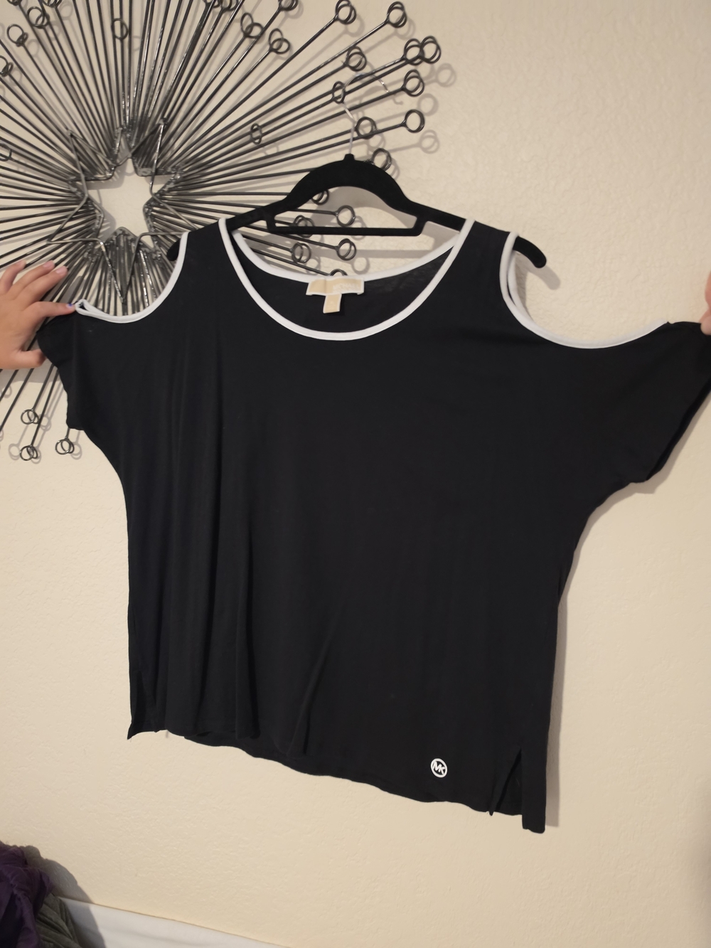 Michael Kors Black Cold-Shoulder Tee with White Trim